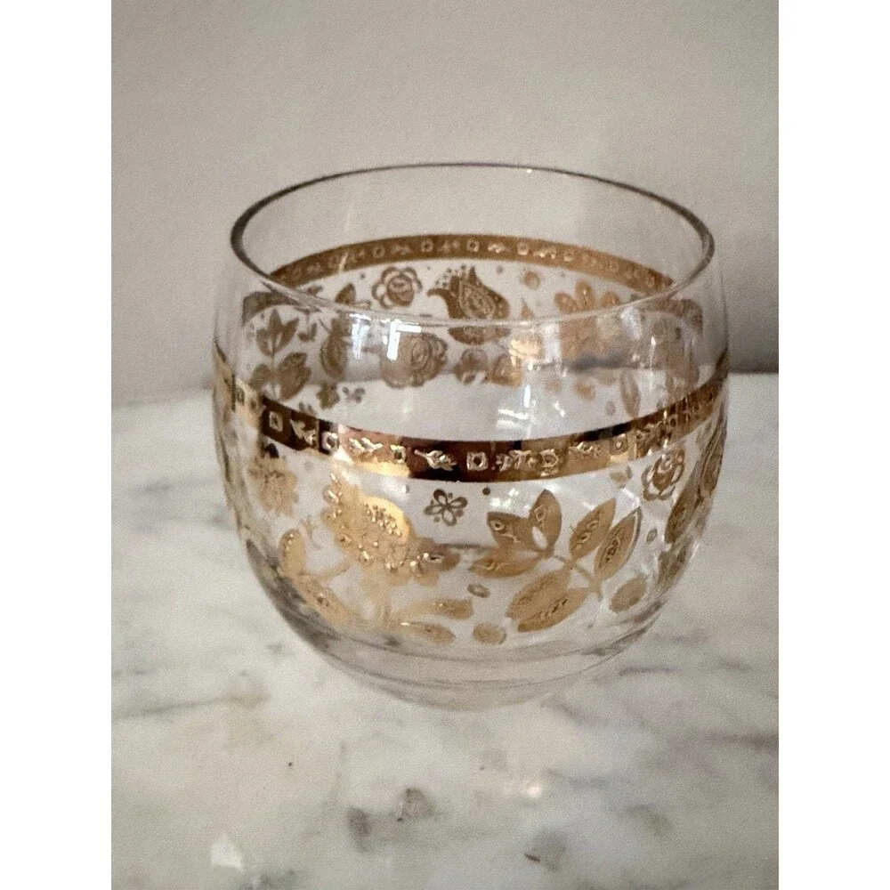 Vintage Culver Chantilly Roly Poly Glasses Mid Century Gold Floral Barware Set 5